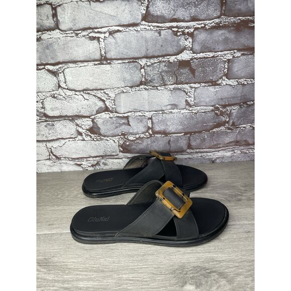 OluKai La'i Slide Black Leather Leopard Beach Sandals Women Sz 8M US/38EU - Picture 8 of 16